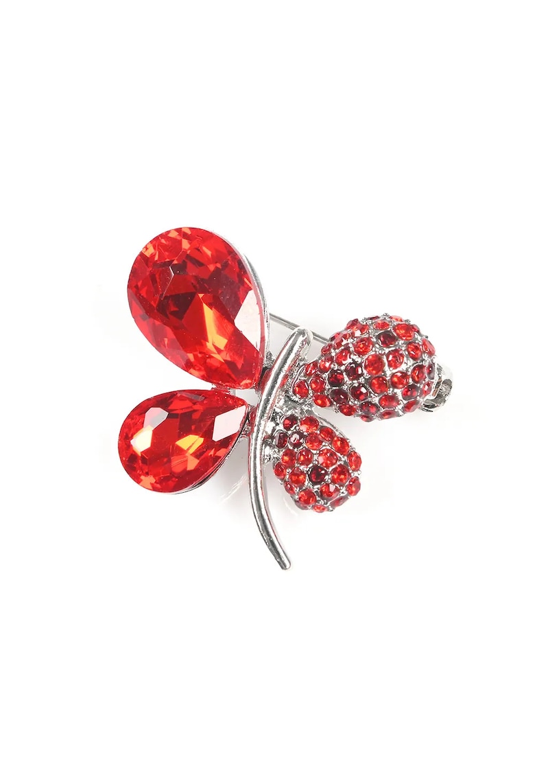 Brosa martisor fluture argintiu cu pietre rosii