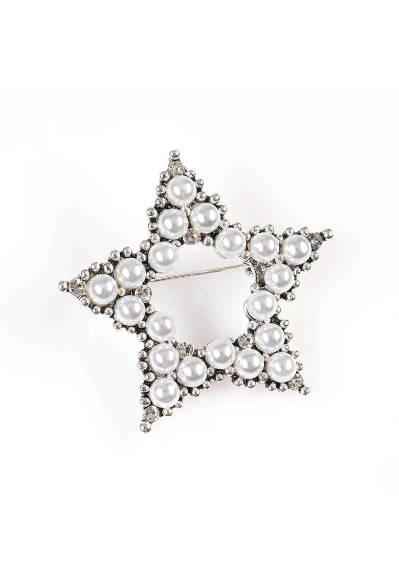 Brosa martisor stea argintie cu perle albe