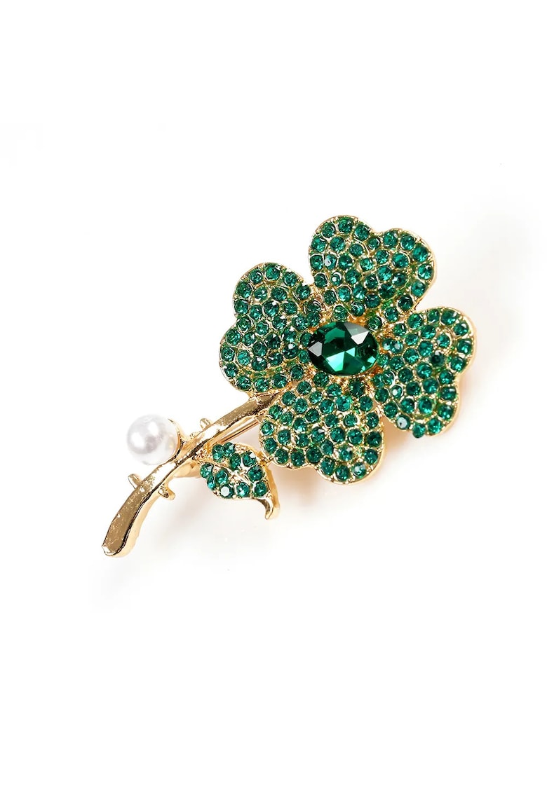 Brosa martisor trifoi auriu cu pietre verzi si perla alba