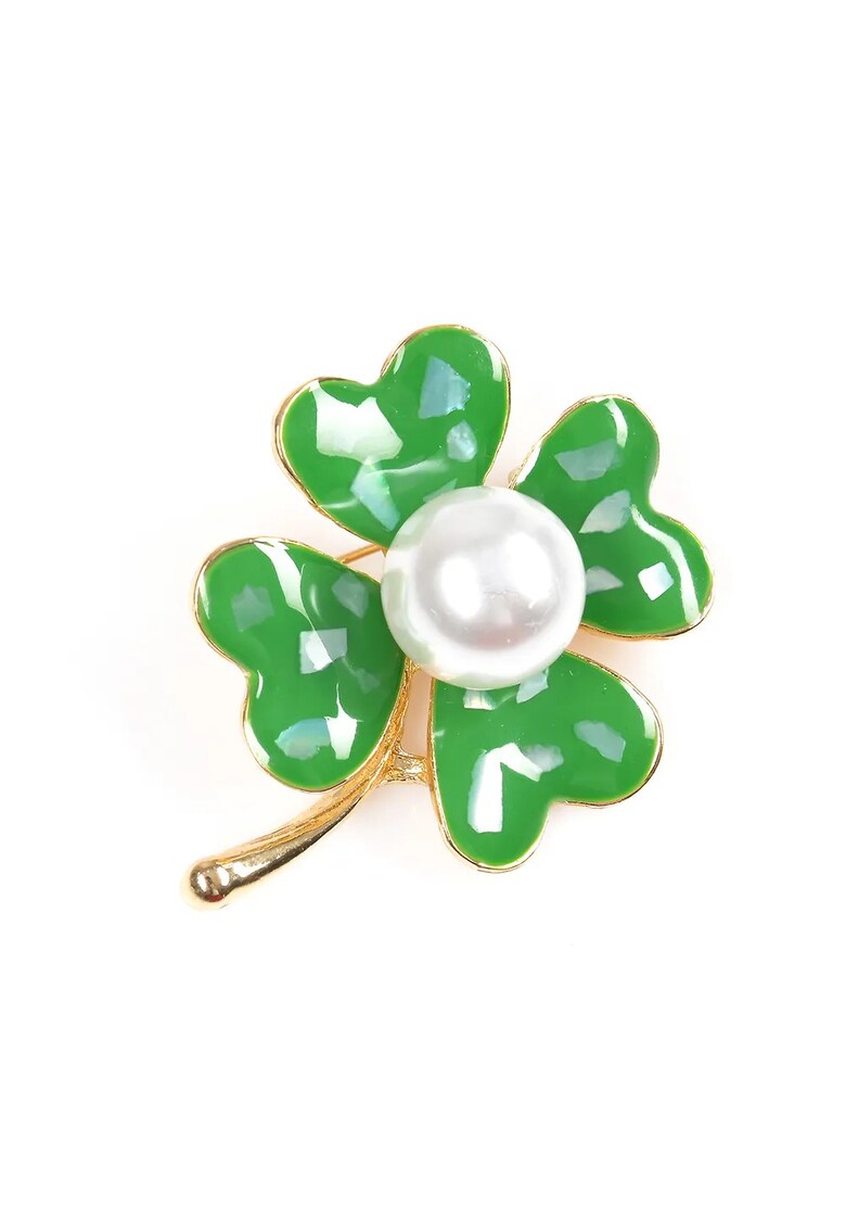 Brosa martisor trifoi verde cu perla alba