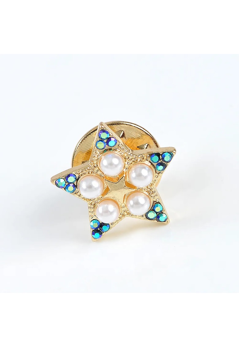 Brosa martisor stea cu perle albe si pietre albastre