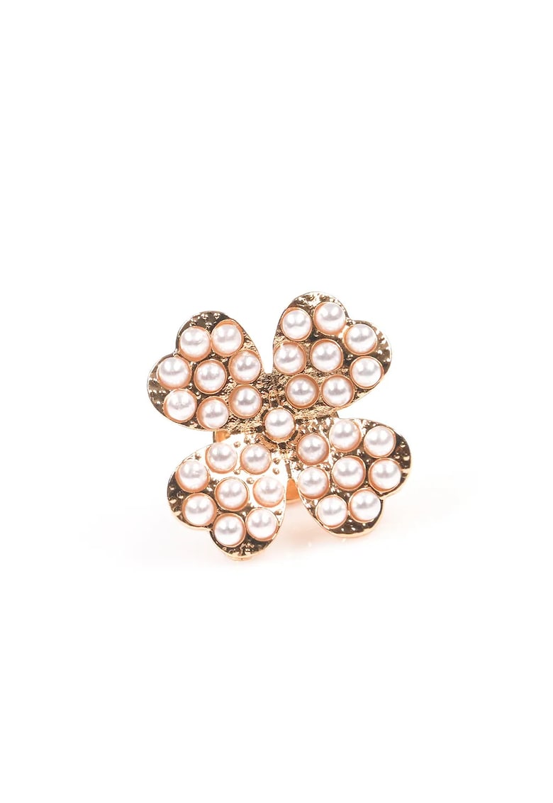 Brosa martisor trifoi auriu cu perle albe