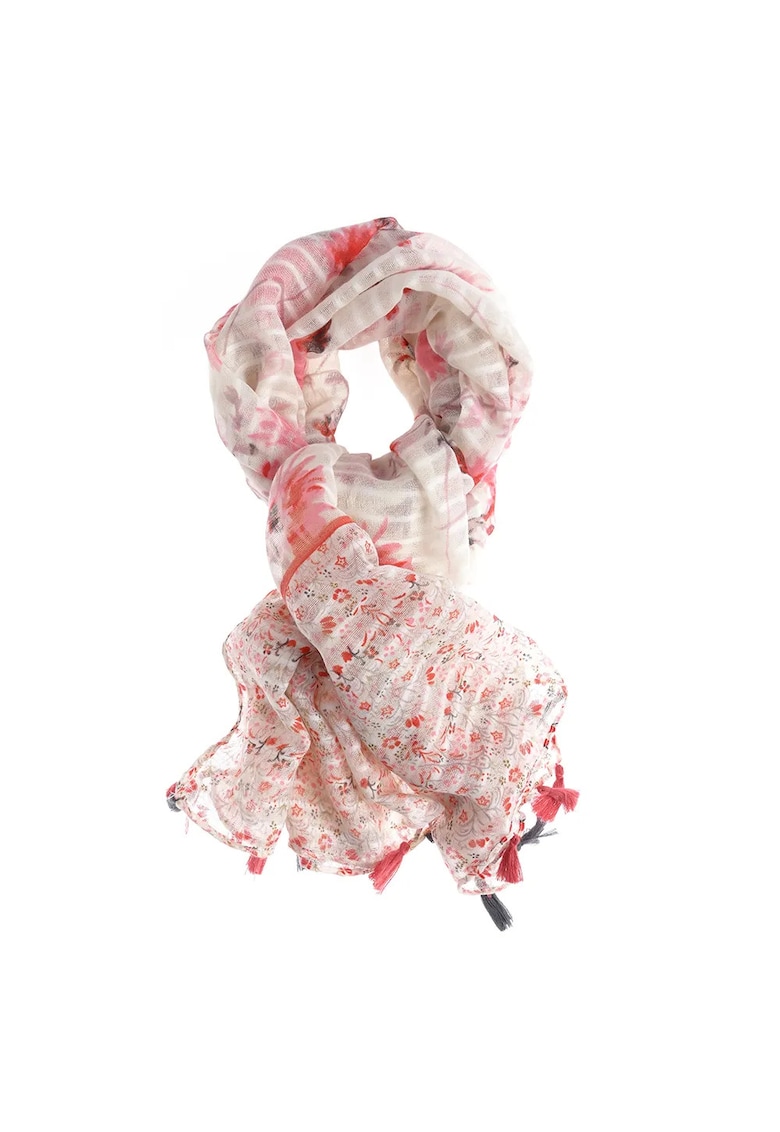 Esarfa cu imprimeu floral rosu si ciucuri - roz - 70x180cm