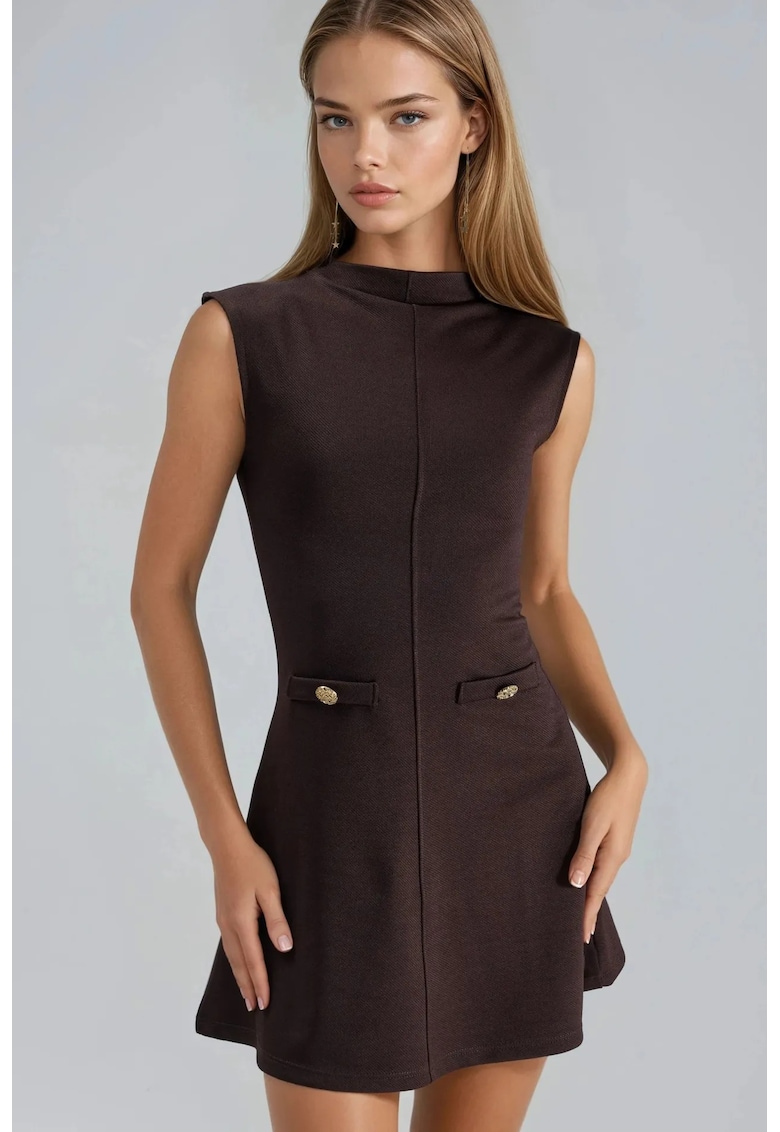 Rochie midi slim fit - cu buzunare - maro - textil