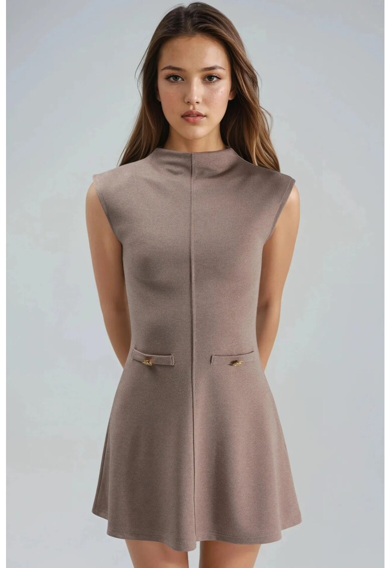 Rochie Mini Guler Inalt - Detaliu Buzunar - Bej Natural - Textil