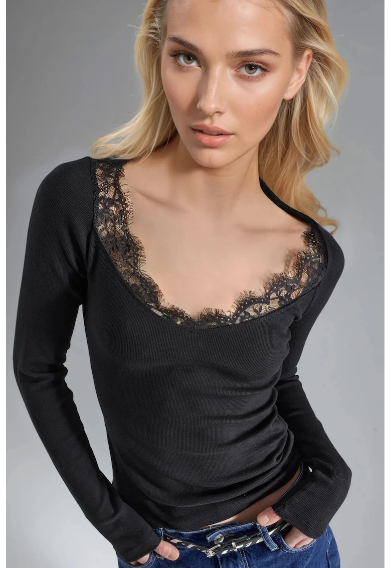 Bluza dama - Negru - Jerseu - Decolteu in V