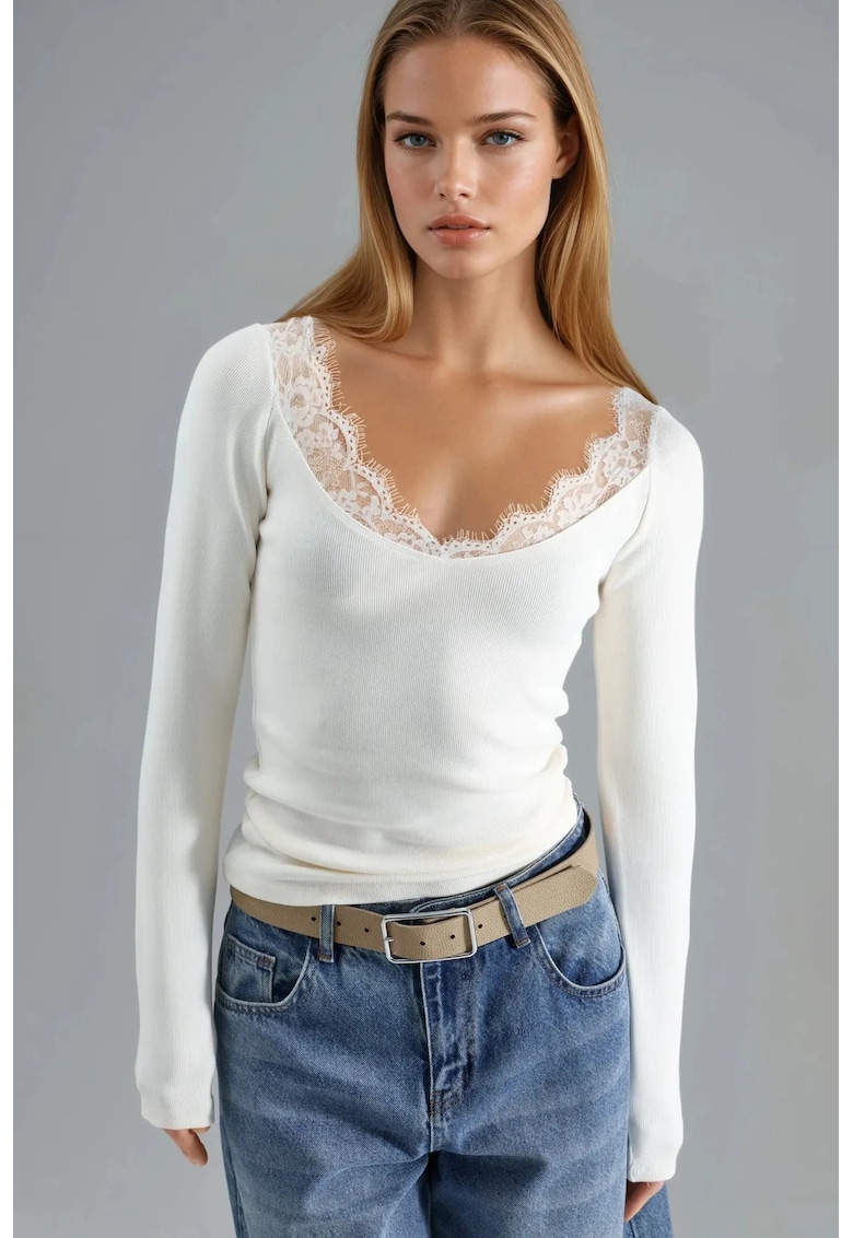 Bluza - Alb - Jerseu - Decolteu in V