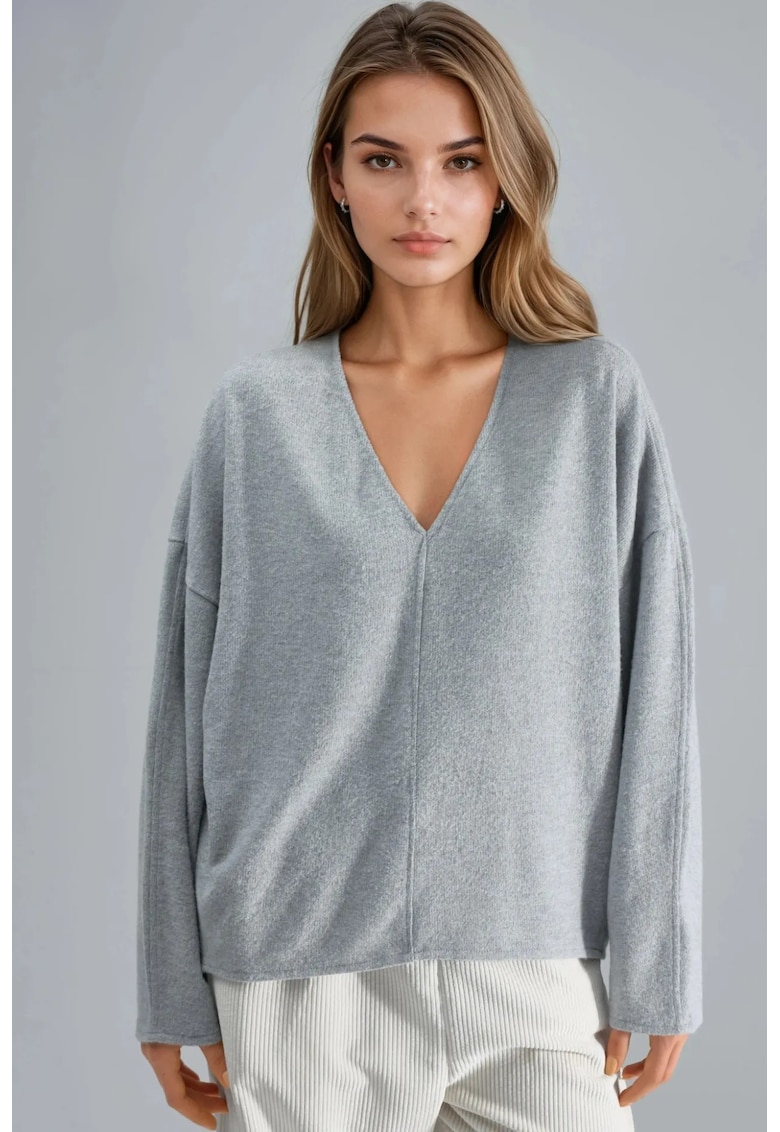 Bluza - Gri deschis - Jerseu - Decolteu in V