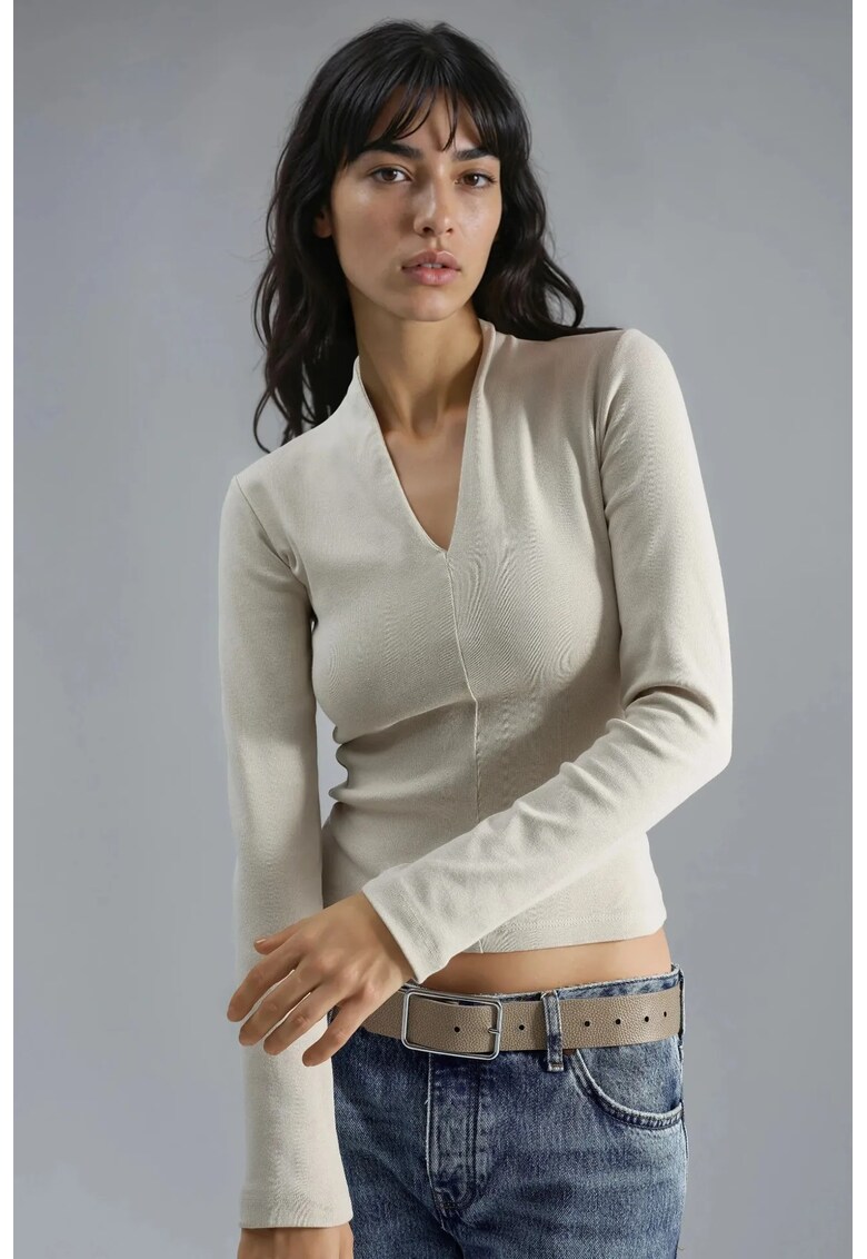 Bluza dama - Slim fit - crem - Decolteu in V