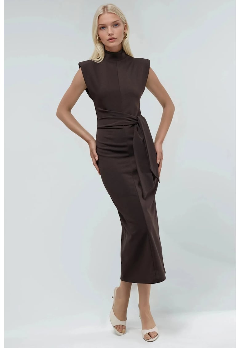 Rochie midi guler rotund - detalii cravata - maro - textil -