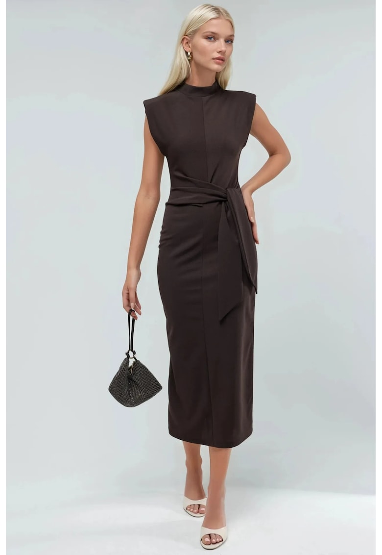 Rochie midi guler rotund - maro - textil