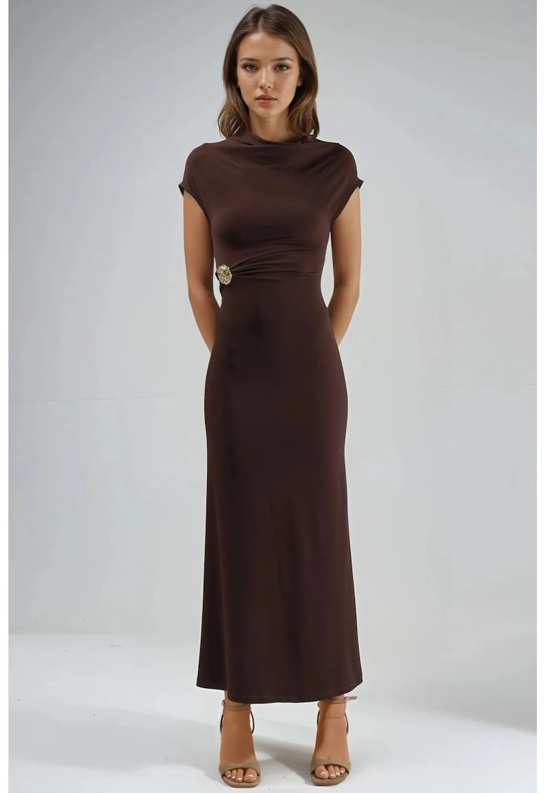 Rochie midi maro - jerseu - cu accesoriu piatra