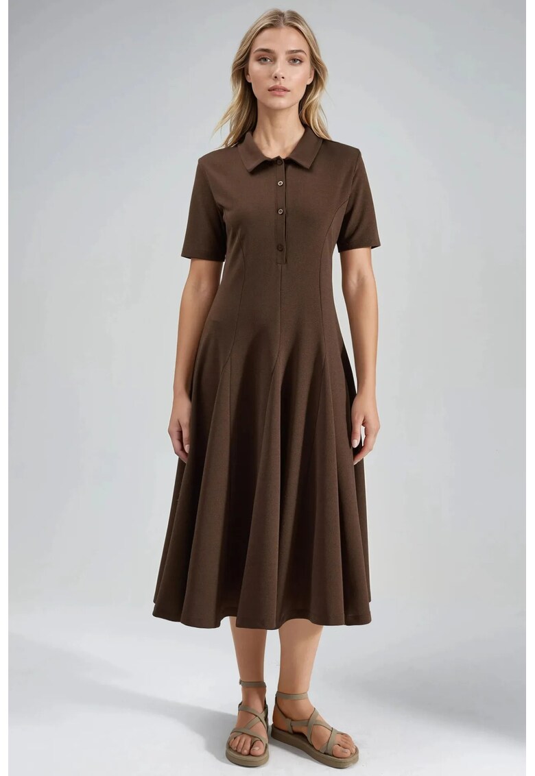 Rochie Midi A-Line guler de camasa - maro cafea - jerseu