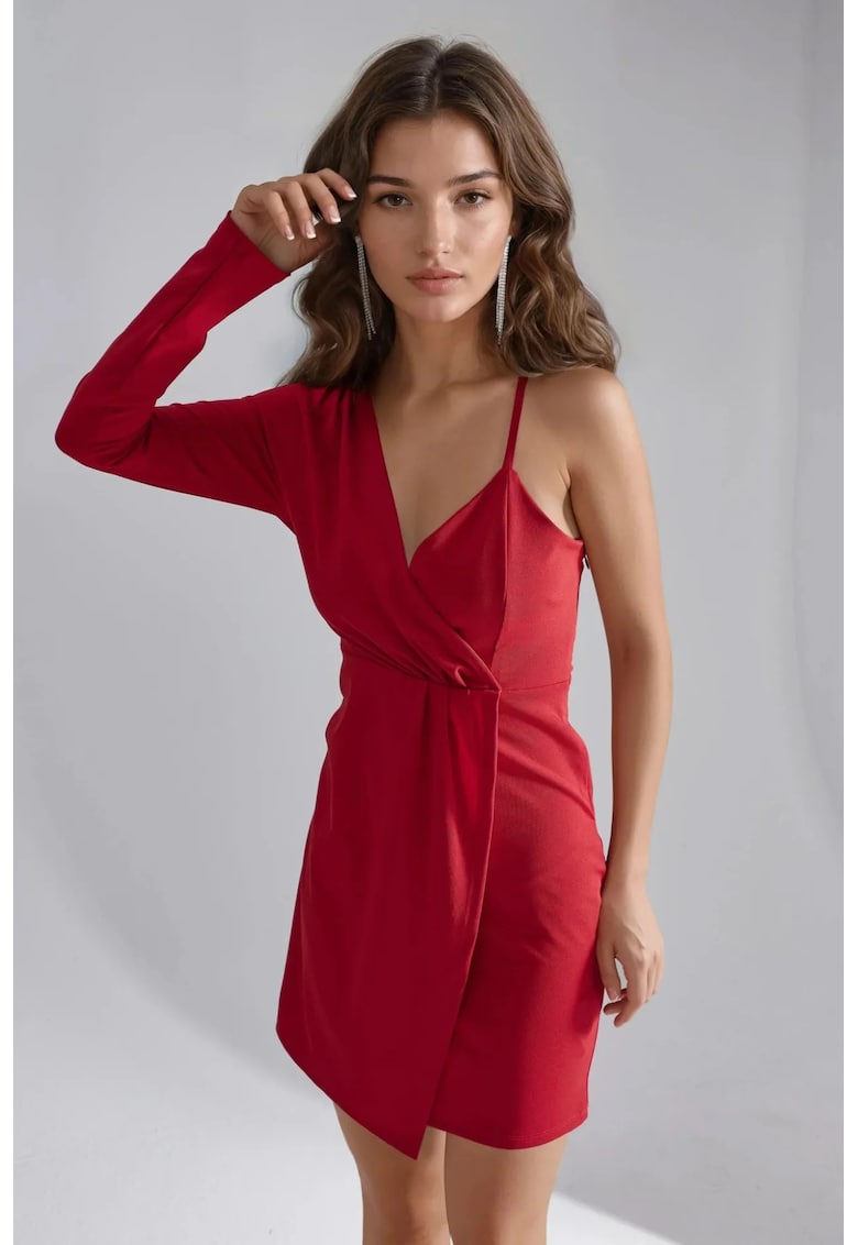 Rochie mini asimetrica - decolteu in V - rosie - crep