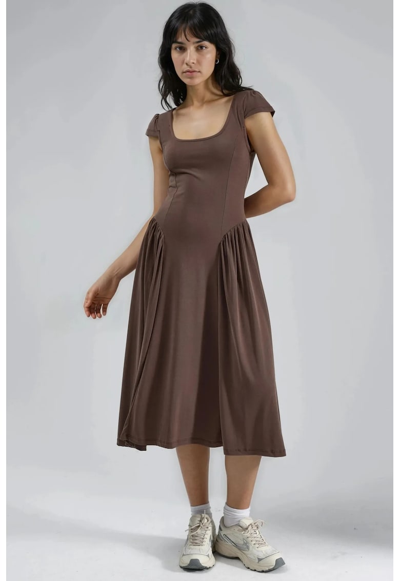 Rochie midi cu guler solid - Maro