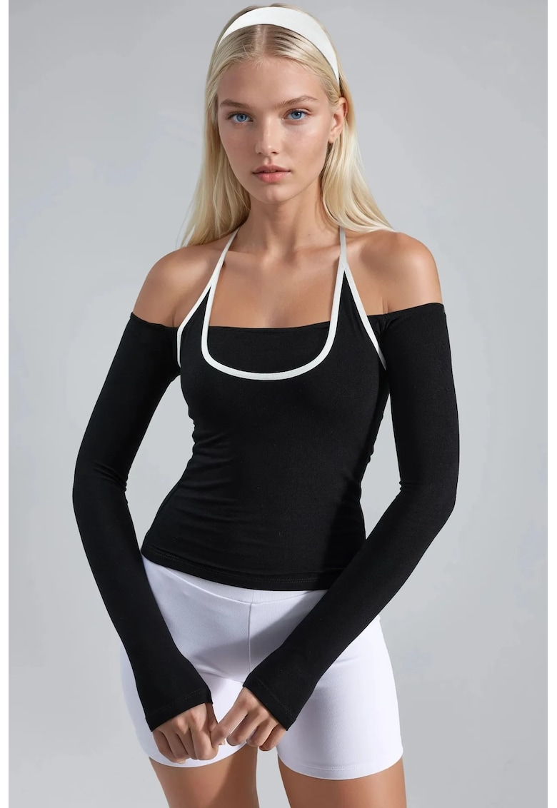 Bluza dama - Guler in U - Negru - Jerseu