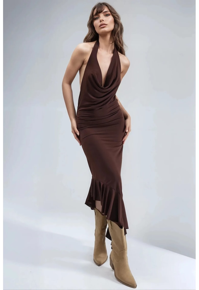 Rochie midi cu guler tip fular - detalii drapate - maro - jerseu