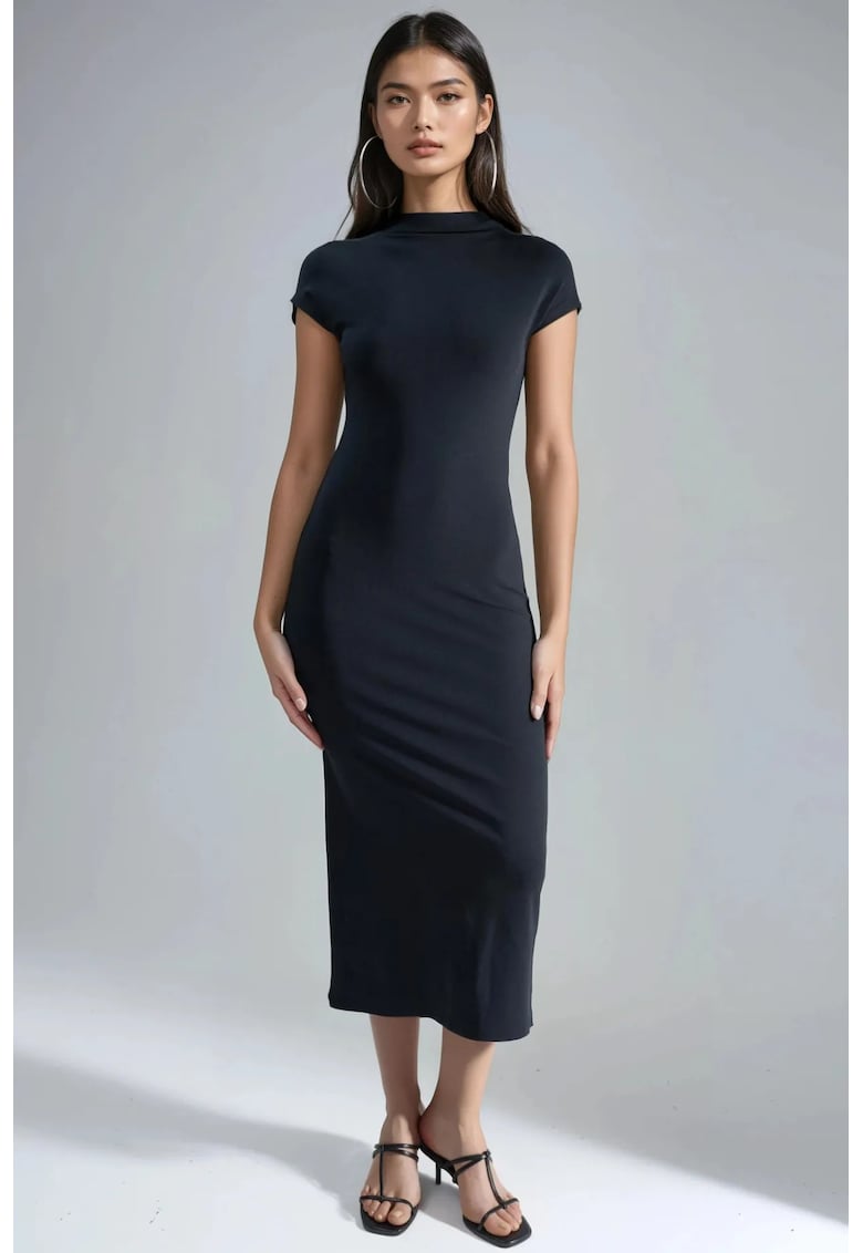 Rochie Midi Slim Fit - Guler Rotund - Negru - Jerseu