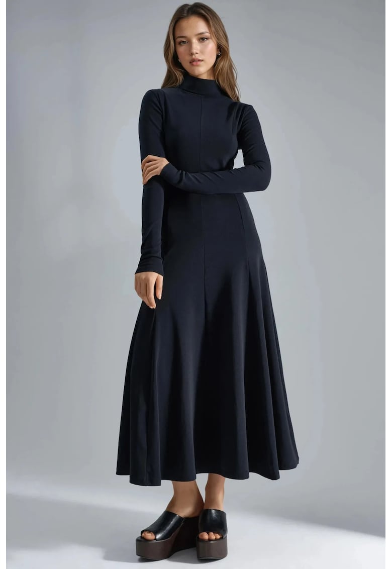 Rochie Midi A-Line - Maneca Lunga - Negru - Jerseu