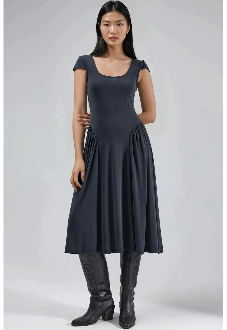 Rochie midi gri inchis - jerseu - cu guler solid si panouri