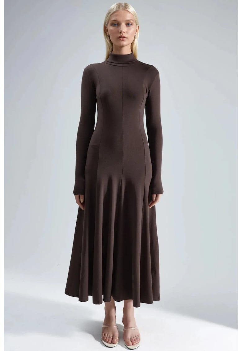 Rochie Midi A-Line cu Maneca Lunga - Maro Cafea - Jerseu
