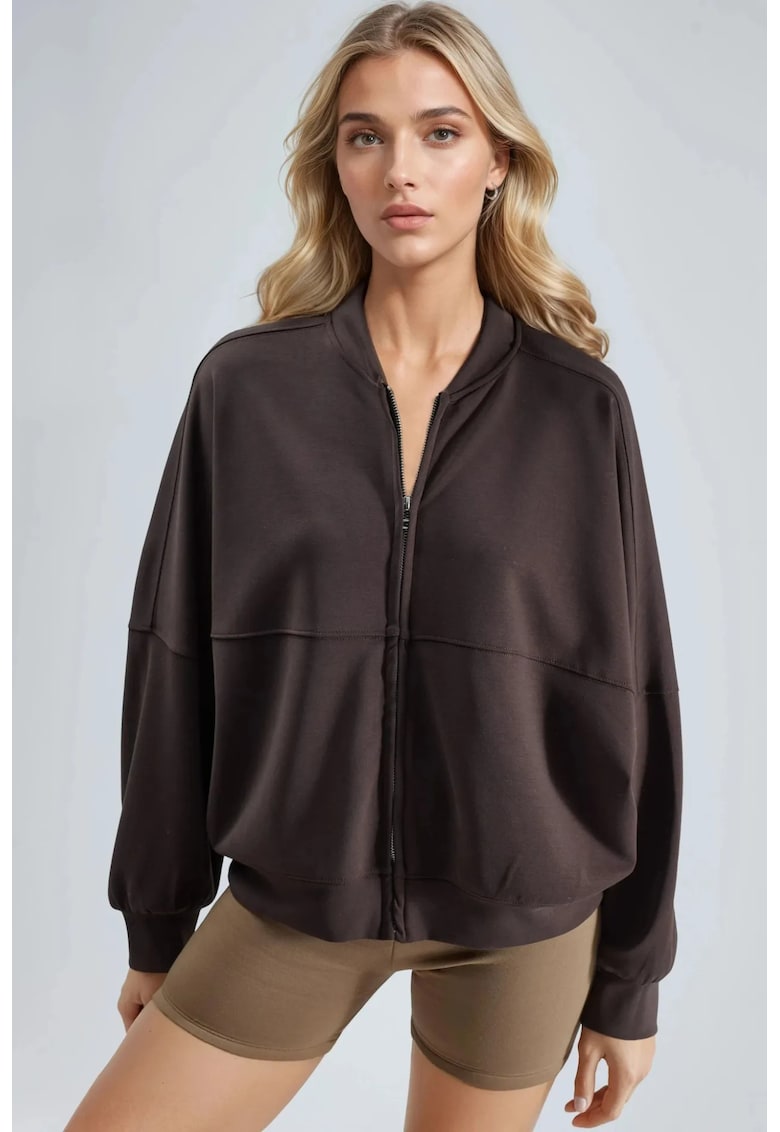 Hanorac dama jerseu - maro cafea - cu fermoar