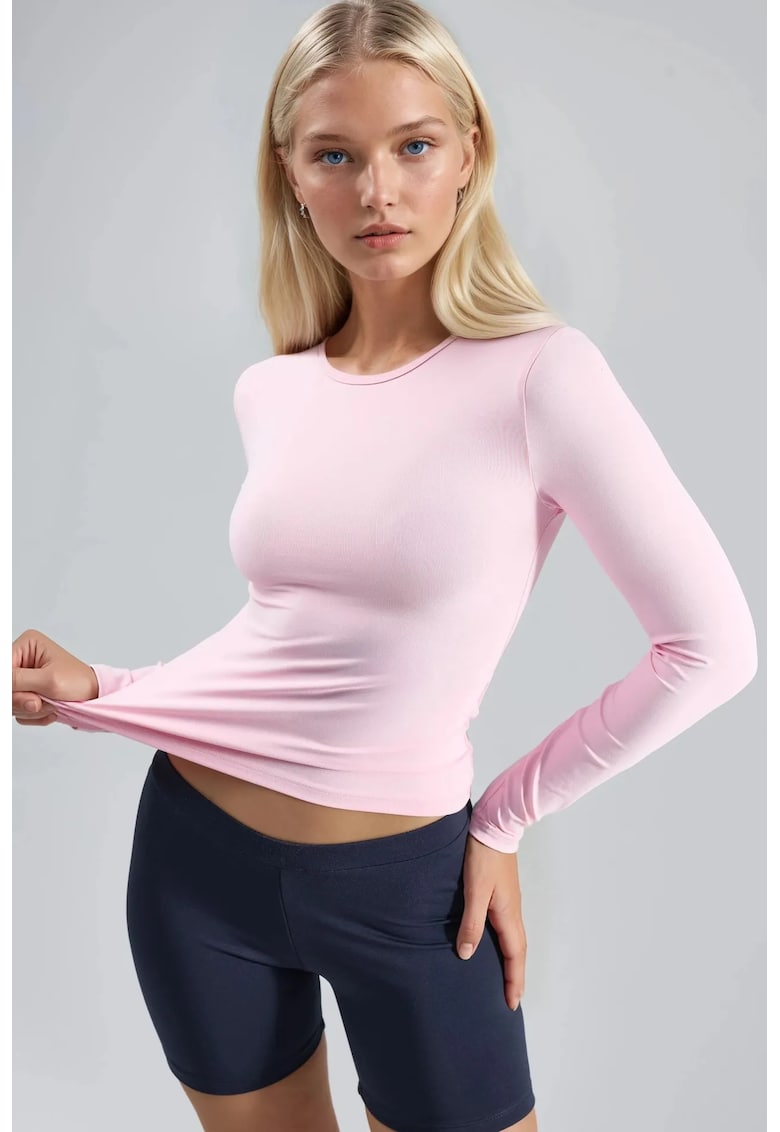 Bluza - Roz pudrat - Jerseu - Slim fit - Guler rotund