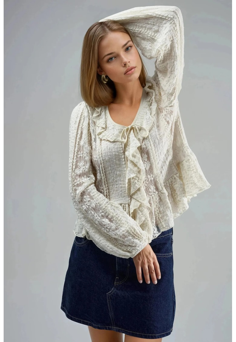 Camasa dama - cu volane din dantela - decolteu in V - bumbac/nylon/elastan - bej