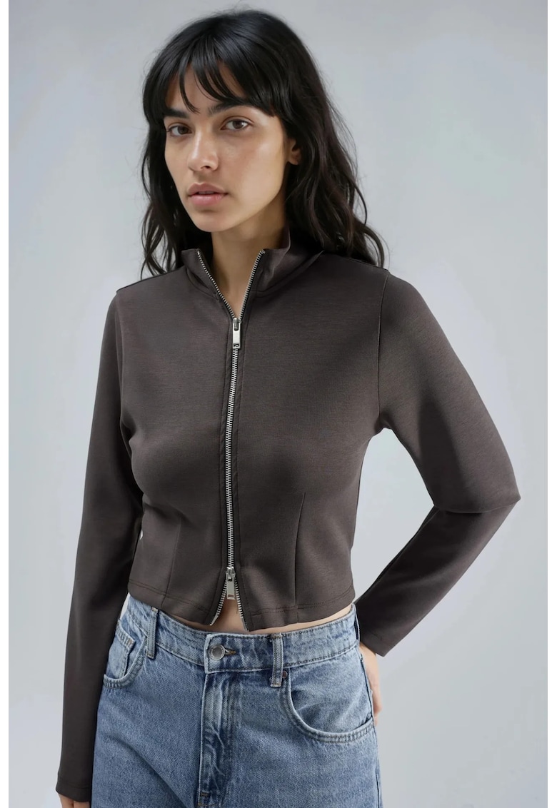 Hanorac dama jerseu - cu fermoar - maro