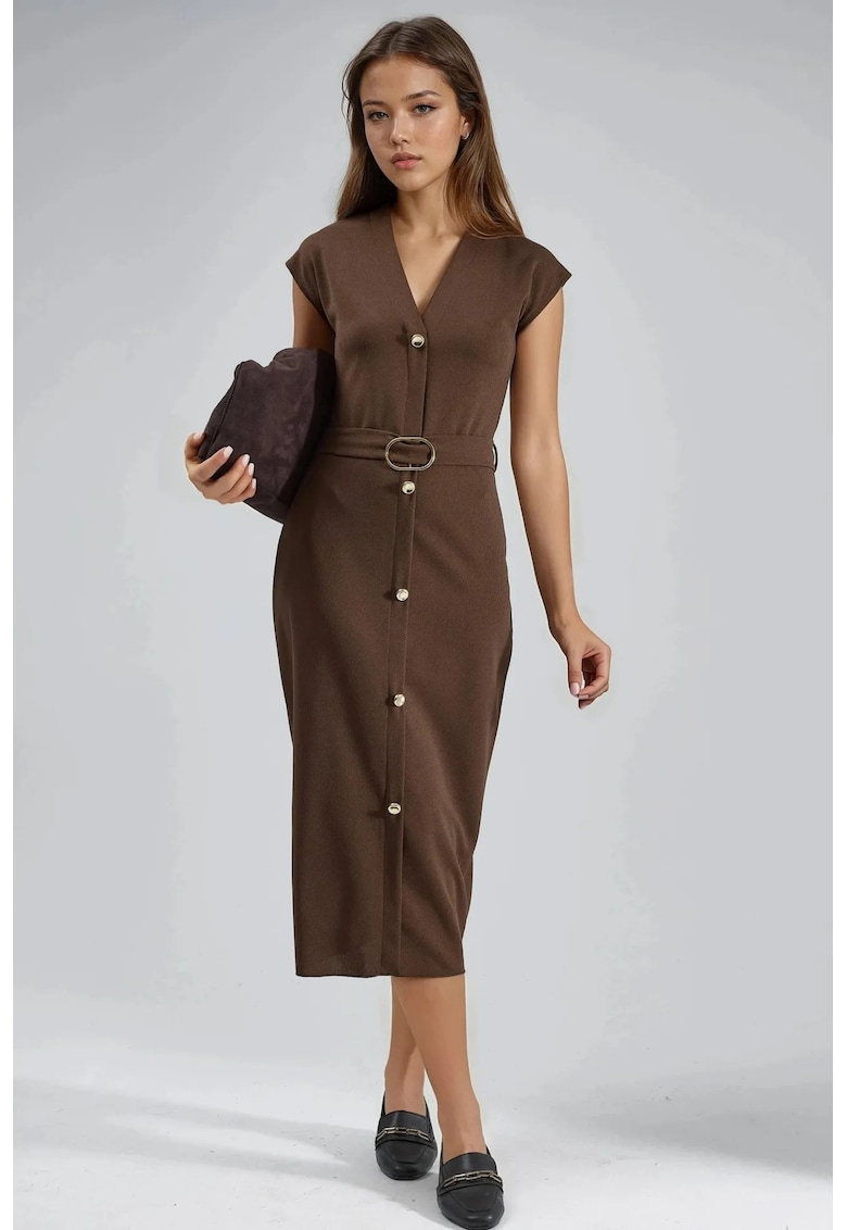 Rochie Midi decolteu in V - culoare maro - textil