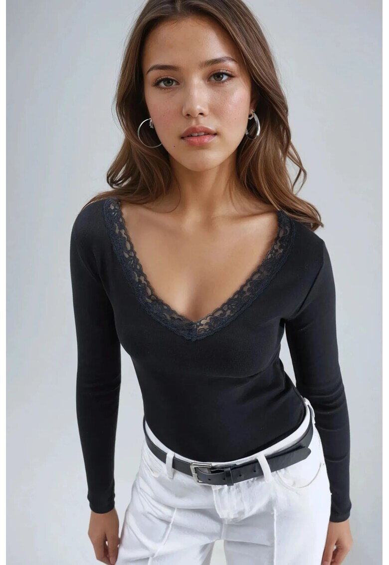 Bluza dama - Negru - Jerseu - Slim fit - Decolteu in V