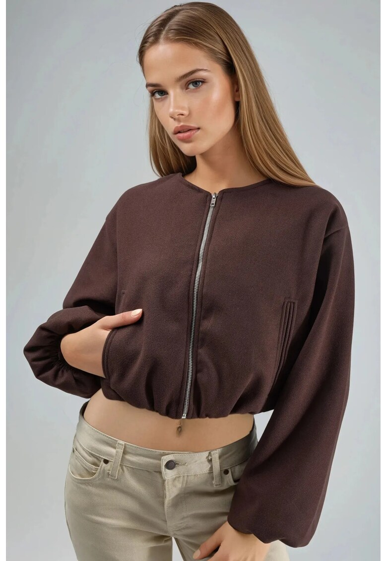 Hanorac dama scurt - cu buzunare - maro - textil