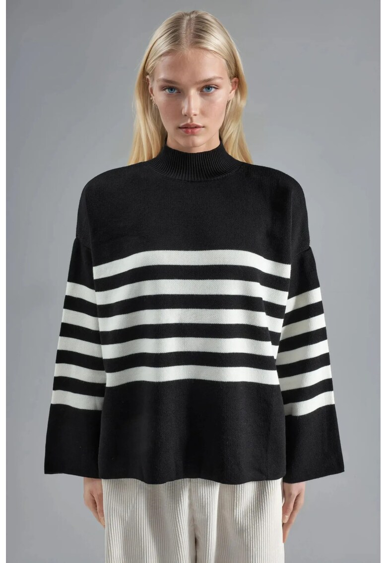 Pulover dama - supradimensionat - guler inalt - negru/alb - tricot - One Size