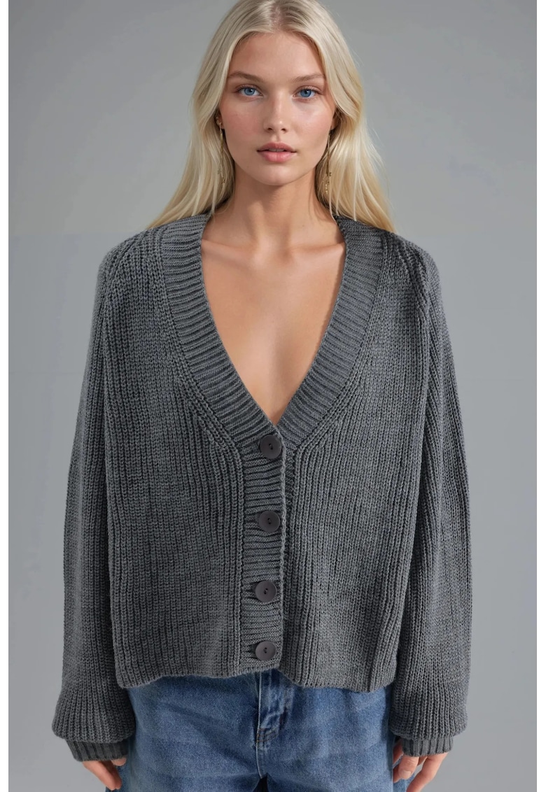 Cardigan scurt dama - tricot - cu nasturi - gri inchis - One Size