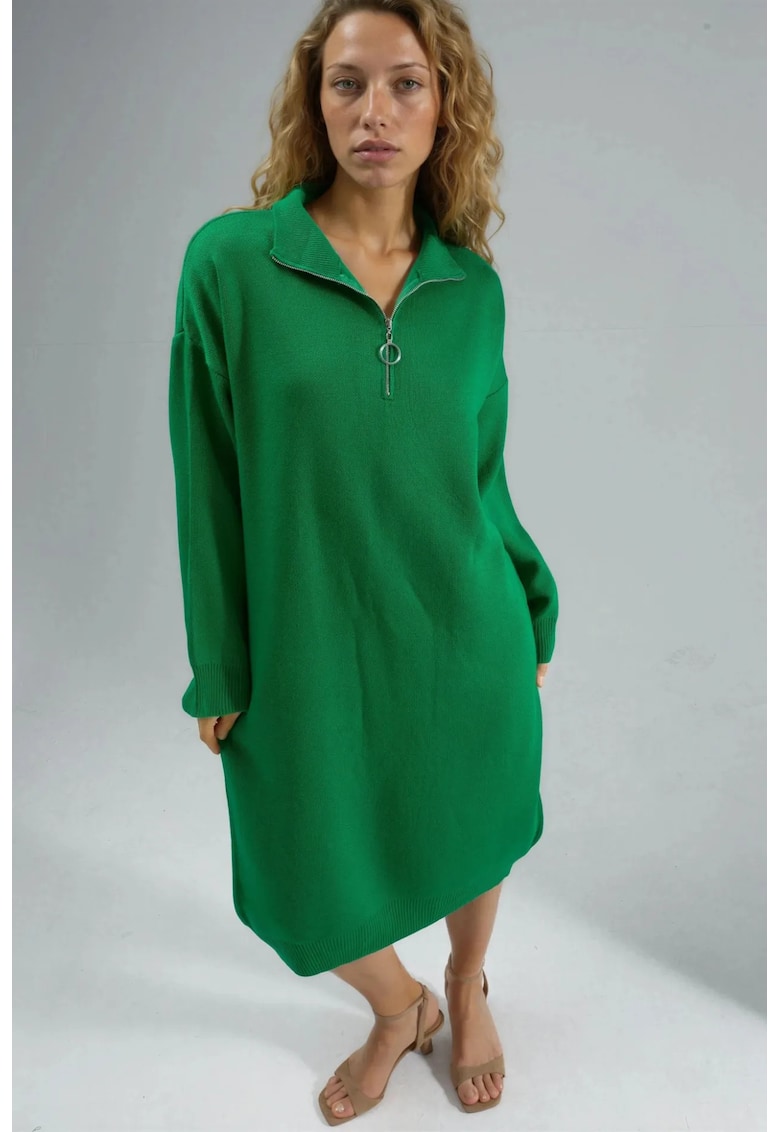 Rochie midi tricotata verde - guler cu fermoar - tricot 100% acrilic -