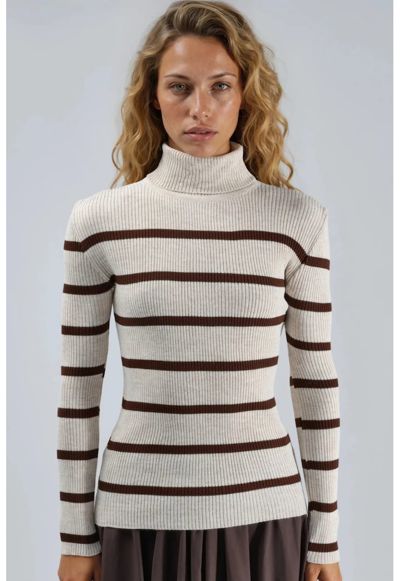 Pulover dama - mulat - dungi - guler inalt - tricot - alb/maro - One Size
