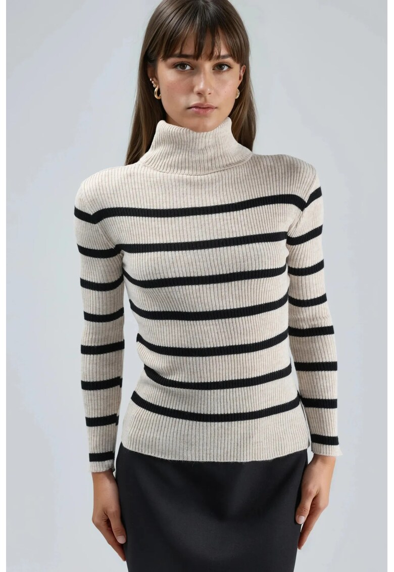 Pulover dama - mulat - cu dungi - bej/negru - tricot - One Size