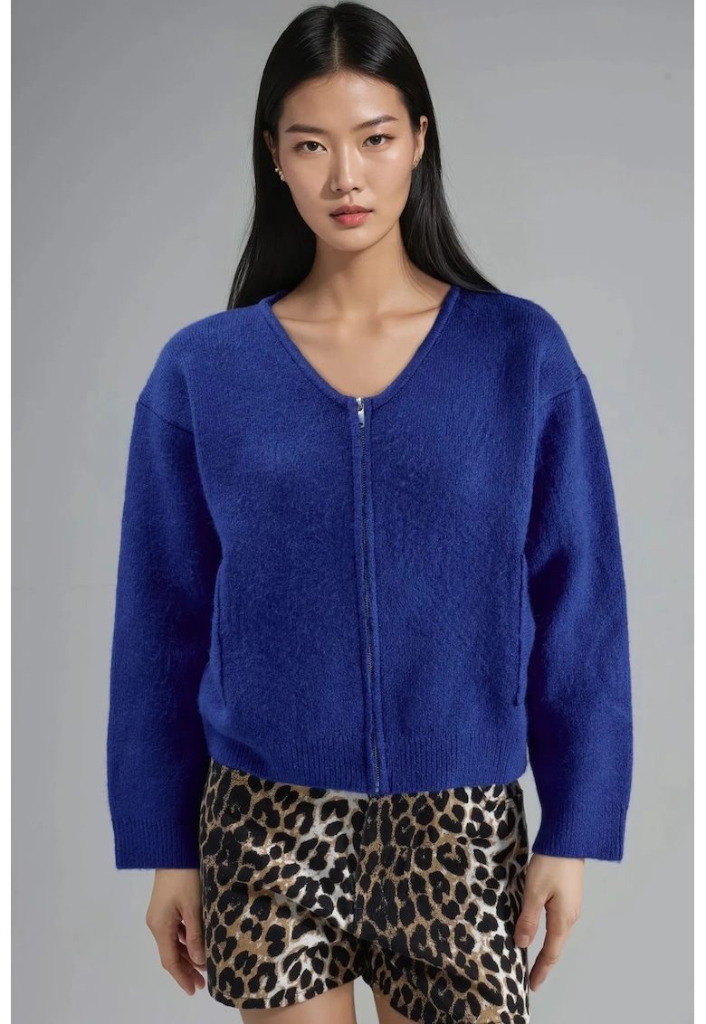 Pulover tricotat dama - cu fermoar - maneca lunga - albastru cobalt - tricot - One Size
