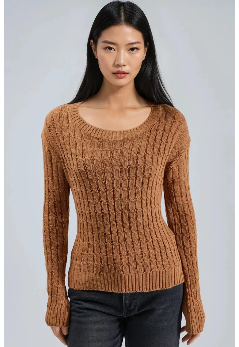 Pulover dama - tricot - guler rotund - maro castor - One Size