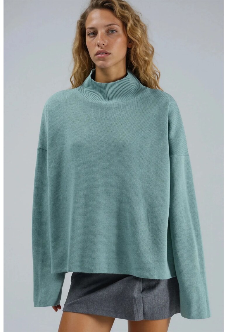 Pulover dama - supradimensionat - guler inalt - verde salvie - tricot - One Size