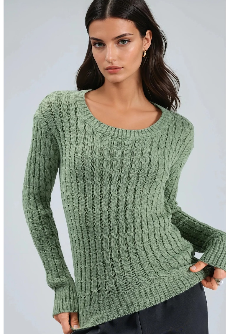 Pulover dama - tricot - guler rotund - verde salvie - One Size