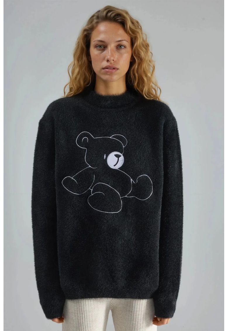 Pulover dama - supradimensionat - cu guler rotund - negru - tricot - One Size