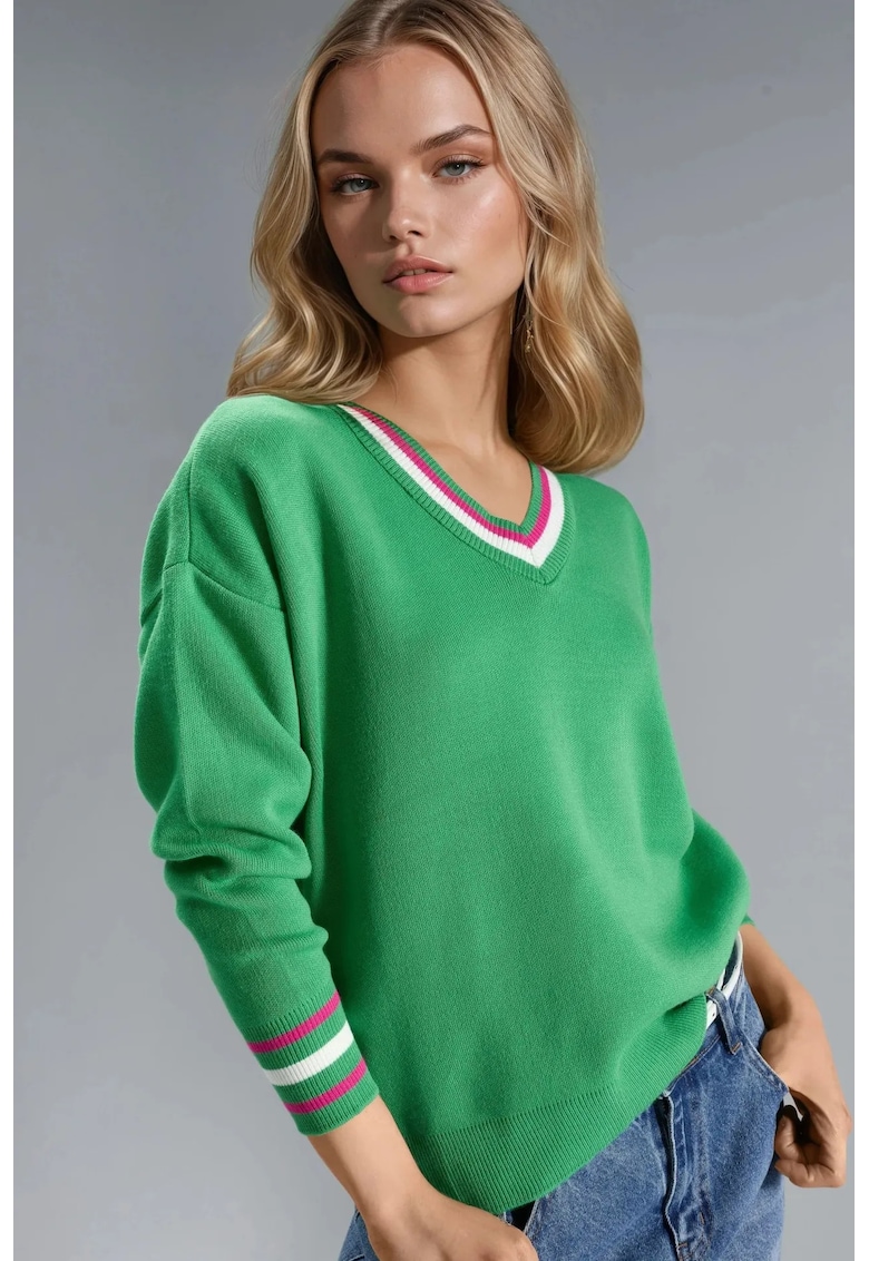Pulover dama cu decolteu in V - dungi - tricot - multicolor - One Size
