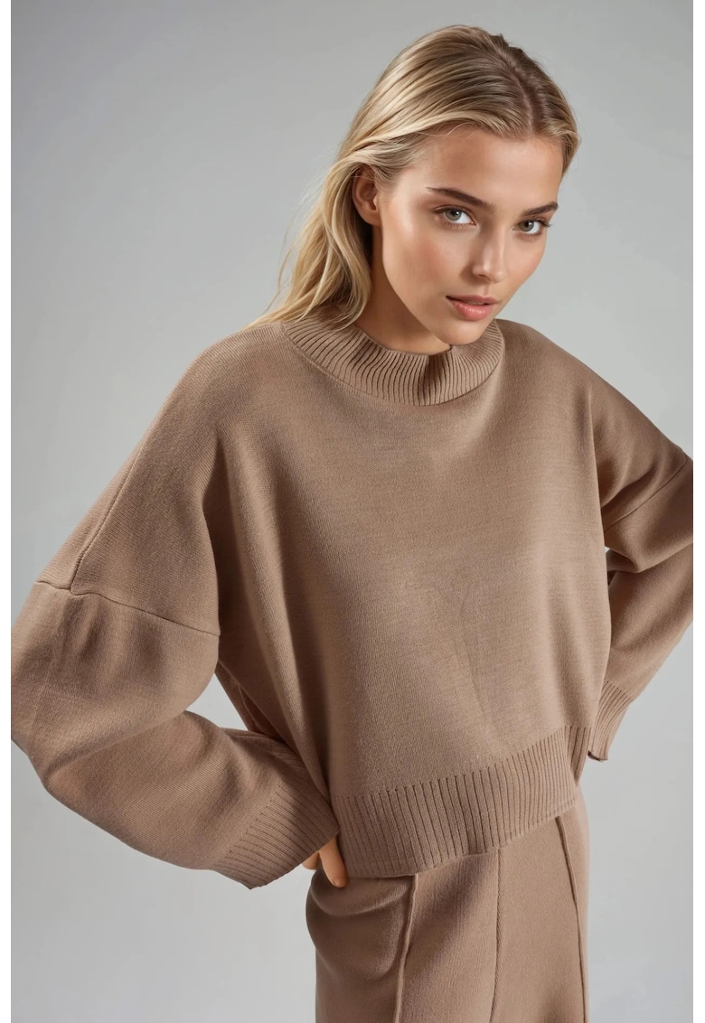 Pulover tricotat dama - supradimensionat - guler inalt - acril - maro camel - One Size