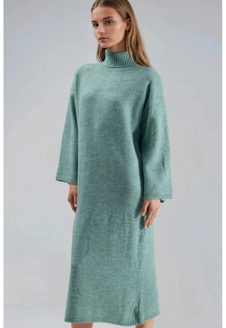 Rochie maxi tricotata - guler inalt - verde salvie - tricot -