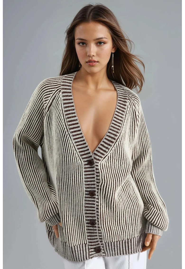 Cardigan tricotat supradimensionat imprimeu zebra - guler V - acril - maro/gri - One Size