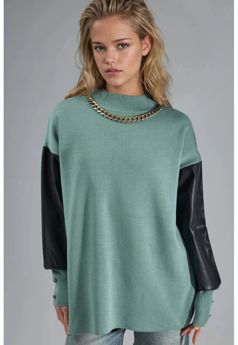 Pulover dama - tricot/Piele Ecologica - Verde salvie - One Size