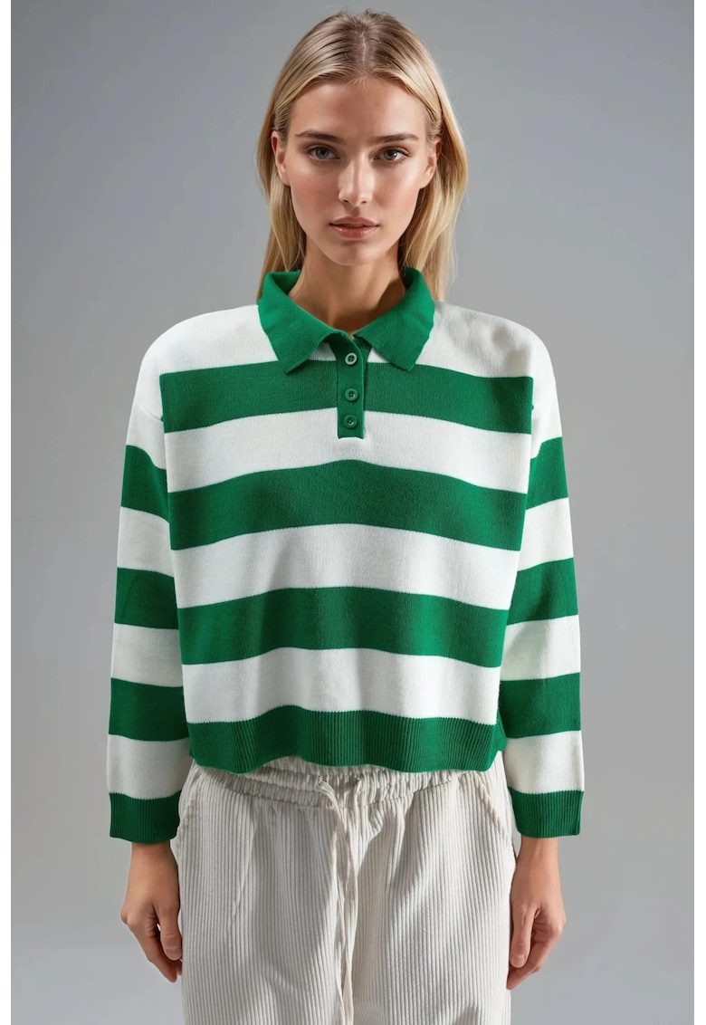 Pulover tricotat dama - guler polo - dungi - verde/alb - One Size