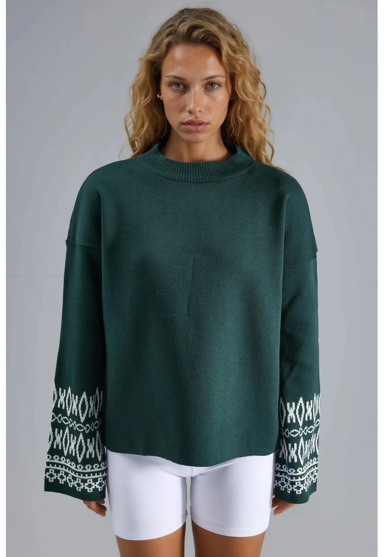 Pulover dama - acril - guler rotund - verde smarald/alb - One Size