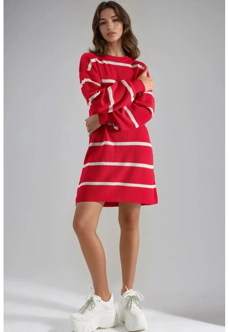 Rochie mini tricotata - cu dungi - guler rotund - rosie - tricot 100% acrilic -